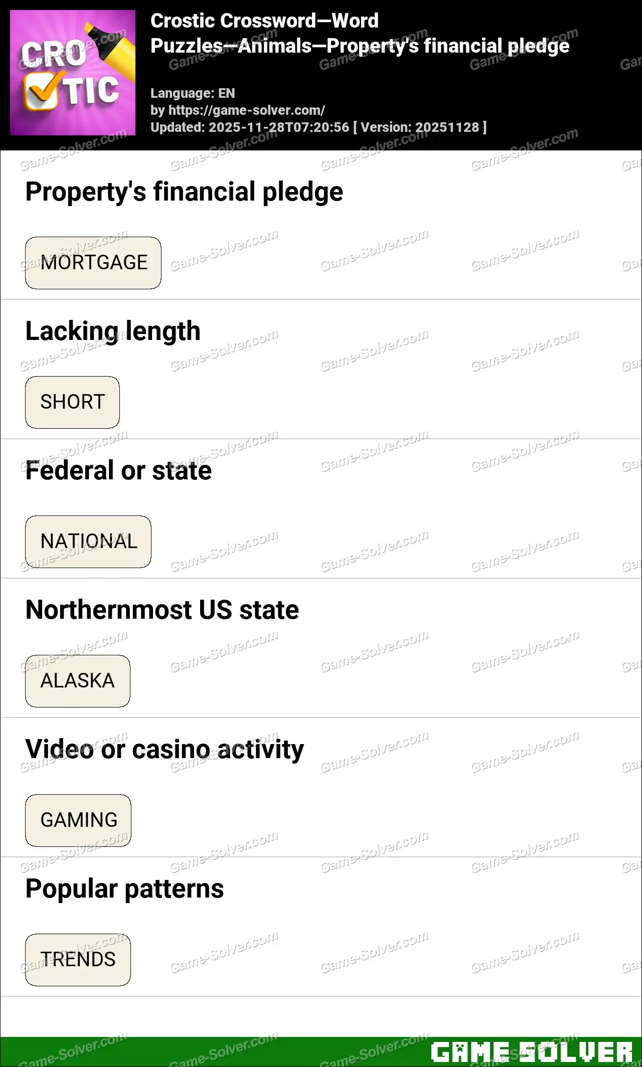 Crostic Crossword-Word Puzzles-Animals-Property’s financial pledge